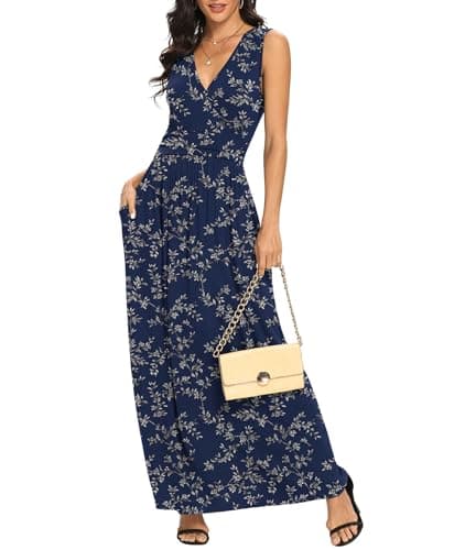 LILBETTER Women Sleeveless Deep V Neck Loose Plain Long Maxi Casual Dress(Navy Blue Leaves X-Large) - Image 1