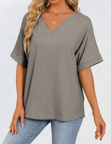 GKBK Womens Oversized T Shirts V Neck Loose Fit Shirts Short Sleeve Summer Casual Tops 2025 Trendy Blouses Y2K Plain Tees Gray M - Thumbnail 2