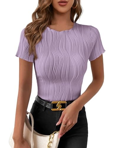 PRETTYGARDEN Women's Summer Tops 2025 Casual Short Sleeve Crewneck Slim Fit T Shirts Basic Knit Y2K Top Textured Blouse(Purple,X-Large) - Image 1