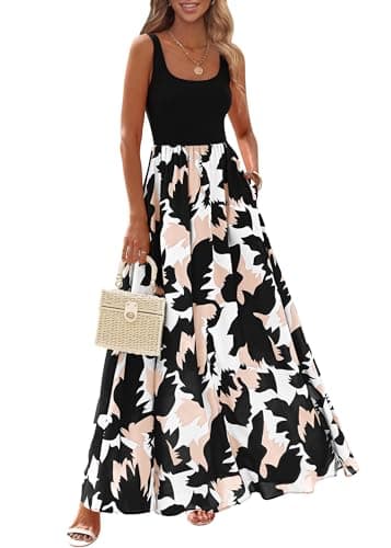 KIRUNDO Women Summer Sleeveless Boho Floral Maxi Dress 2026 Scoop Neck Tank A Line Flowy Beach Vacation Resort Wear Sundress(Black, Medium) - Image 1