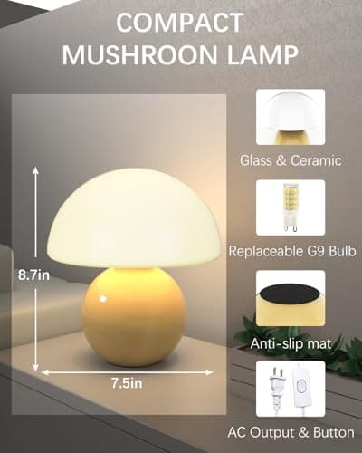 TAPTIM Mushroom Table Lamp with 3 Color Temperatures, 8.7" Mid Century Modern Glass Lamp for Bedroom Nightstand, Living Room, Aesthetic Dorm Desk Decor - Thumbnail 4