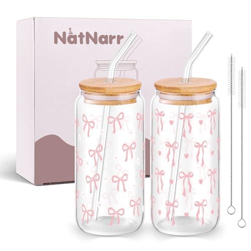 2 Pcs Coquette Pink Bow Glasses Cups, 16oz Cute Bow Glass Cups with Lid Brush and Straw Aesthetic Iced Coffee Cup, Girly Preppy Design Glasses Drinking for Teen Girls Women Men Kids Gift Trendy Stuff - Image 1