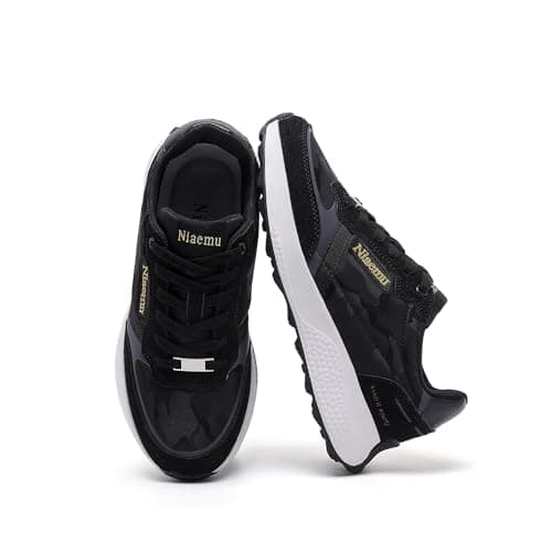 Niaemu Sneakers for Women Lightweight Lace-Up Shoes for Women Non-Slip Artificial Leather TPR Outsole Walking Shoes Tennis Running Fashion Sneakers (11,Black) - Image 1