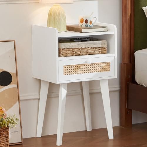 Lerliuo Rattan White Night Stand with Drawer Open Shelf, Cane Accent Nightstand Bed Side End Table with Solid Wood Legs, Boho Nightstands Bedside Tables for Bedroom Living Room Dorm and Small Spaces - Image 1