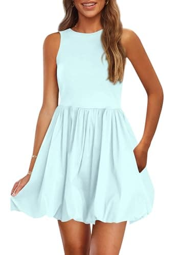 PRETTYGARDEN Summer Dresses for Women 2026 Casual Sleeveless Tank Mini Short Dress Crew Neck Bubble Sundress with Pockets (Blue,X-Large) - Image 1