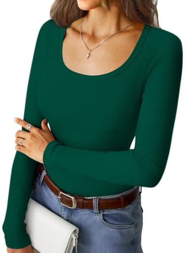 GKBK Scoop Neck Long Sleeve Tops for Women Ribbed Knit Slim Fitted Tight Basic T-Shirts Cute Layering Lightweight Fall Sweaters 2025 Fashion Outfits Dark Green - Image 1