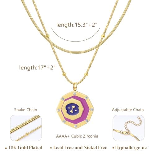 LETFLY Cancer Zodiac Necklace for Women, 18K Gold Plated Octagon Shaped Pendant with Cubic Zirconia Adjustable Layered Snake Chain for Womens Jewelry Gifts - Thumbnail 4