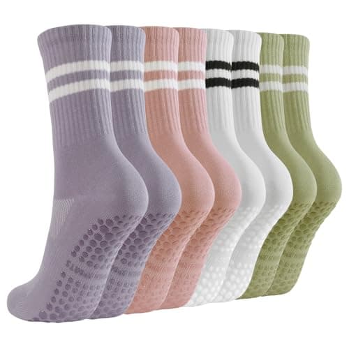 BUDERMMY Pilates Socks for Women with Grips Yoga Crew Socks for Barre Hospital Sticky Slipper Socks 4 Pairs 2 Size 6-9 9-11 (US, Numeric, 6, 9, Regular, Regular, Mixed Color) - Image 1