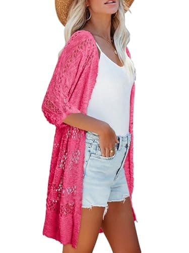 KISSMODA Summer Crochet Lightweight Cardigans for Women Rose Oversized Short Sleeve Boho Open Front Cardigan Sweater for Art Gallery Visits S - Thumbnail 5