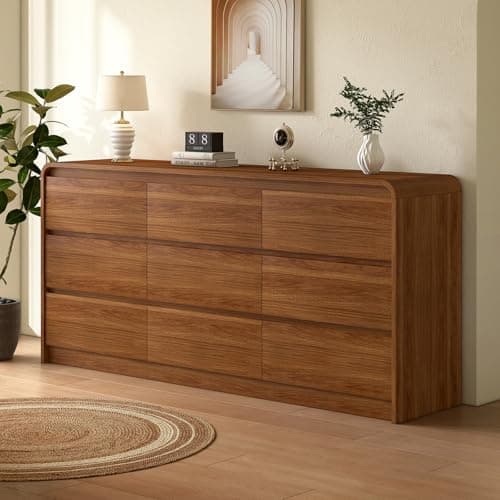 9 Drawer Dresser For Bedroom 63 Inch Wood Chest of Drawers - Curved Anti Collision, Mid Century Dresser For Closet with Natural Texture & Pre-Embedded Slots for TV Stand, Living Room, Nursery