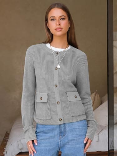 EXLURA Womens 2025 Knit Cardigan Sweaters Spring Fall Crewneck Open Front Button Jacket Fashion Outerwear Coats with Pockets Grey - Thumbnail 3