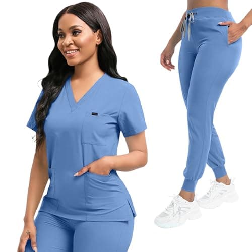 YEZEX Scrubs for Women Set, Stretch V-Neck Top & Jogger Scrub Pants, CeilBlue