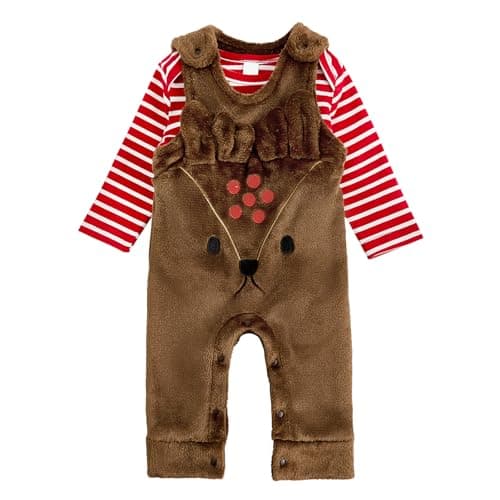 JiAmy Newborn Baby Outfit Baby Fleece Overalls Toddler Flannel Onesie Romper Two-piece Set Deer 0-3 Months - Image 1