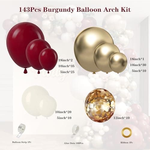 Burgundy Balloon Garland Arch Kit 143Pcs Burgundy Maroon Sand White Metallic Gold Confetti Balloons for Wedding Birdal Shower Graduation Birthday Party Decorations - Thumbnail 2