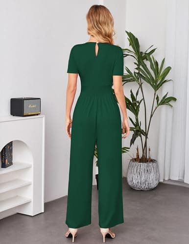 LOOKBOHO Jumpsuits for Women Dressy Casual Short Sleeve Deep V Neck Summer Romper High Waist One Piece Outfits Green L - Thumbnail 3
