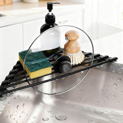 Credon Triangle Roll Up Dish Drying Rack, Foldable Anti-Slip Kitchen Sink Drainer Organizer, Silicone Coated Stainless Steel Frame, Multipurpose Over Sink Corner Caddy for Space Saving (Black)