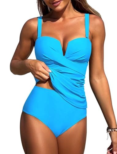 ZAFUL Women's Two Piece Tankini Swimsuits Tummy Control Crisscross Bathing Suits V-Wire Swim Tank Tops with High Waisted Briefs Blue XL - Image 1
