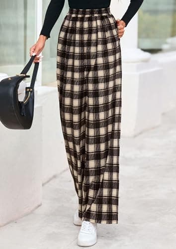 PRETTYGARDEN Casual Women's Pants 2026 Elastic Waist Palazzo Long Pajama Wide Leg Trousers Knit Fall Outfits with Pockets (Plaid Brown,Medium) - Thumbnail 6