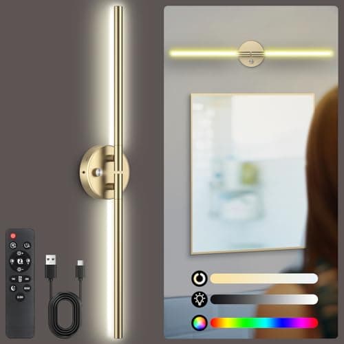 TiInsta Battery Operated Wall Sconce,Wireless Wall Lights with Remote, 360°DIY Rotatable RGB Lamp with Timer, 3000K-6500K LED Dimmable Wall Decor for Vanity, Living Room, Hallway Gold - Image 1
