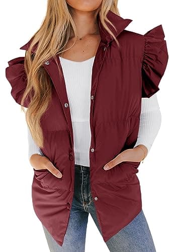 Valphsio Women's Puffer Vests Ruffle Sleeve Winter Button Down Padded Gilet with Pockets - Image 1