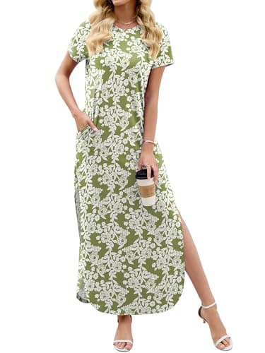 Heymoments Womens Summer Maxi Dress Floral Print X-Large Short Sleeve Casual Loose Fitted Long T Shirt Ladies Flowy Dresses Split Cute Vacation Party Beach Travel Elegant Sundress with Pockets - Image 1