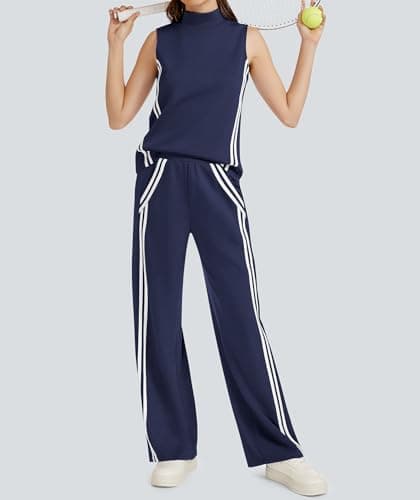 Casly Lamiit Two Piece Lounge Sets for Women Travel Outfits Casual Track Suit Sleeveless Tops Wide Leg Pant Summer Tennis Set Activewear Navy Blue XS - Thumbnail 2