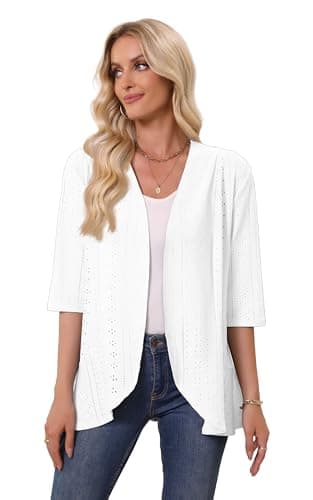 Askyes Women Spring Summer Cardigan 3/4 Sleeves Open Front Lightweight Draped Ruffle Knit Plus Size Dressy Cardigan,White,3XL - Thumbnail 4