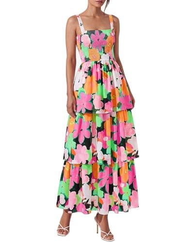 BTFBM Spring Dresses for Women 2026 Floral Spaghetti Strap Wedding Guest Dress Maxi Beach Vacation Clothes(Floral Multicolored Green,Large) - Image 1