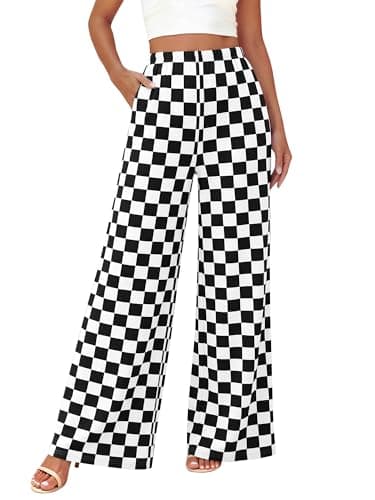 BTFBM Womens Checkered Palazzo Pants Wide Leg High Waisted Pockets Gingham Casual Lounge Pajama Trousers Summer Outfits(Plaid Black White,Small) - Image 1
