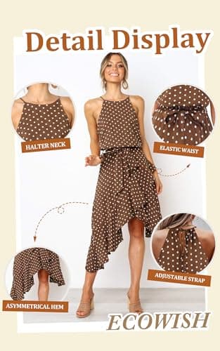 ECOWISH Polka Dot Women Summer Dress Midi A Line Ruffle High Low Sleeveless Boho Floral Halterneck Cocktail Tie Knot Sundress Yellow Floral Large - Thumbnail 6