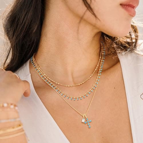 Fettero Gold Cross Necklace for Women - 14K Gold Plated Dainty Removable Turquoise Cross Pendant Charm CZ Gold Necklace for Women Trendy Faith Jewelry Christian Religious Gifts - Thumbnail 6