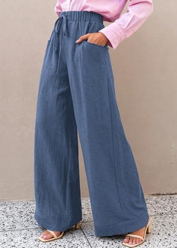 KIRUNDO Wide Leg Palazzo Pants for Women Summer High Waist Flowy Casual Trousers Lounge Pants Beach Vacation Travel Outfits (Dusty Blue, Small) - Thumbnail 3