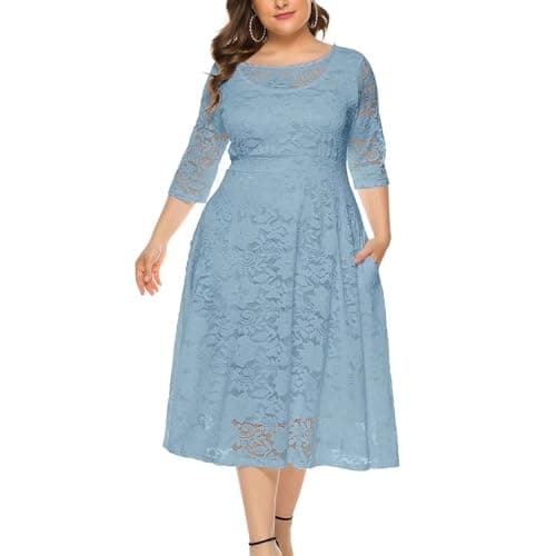 Eternatastic Womens Scooped Neckline Floral lace Top Plus Size Cocktail Party Midi Dress 6XL Dustyblue - Image 1
