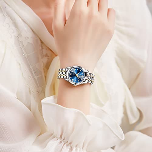 OLEVS Watch Women Silver Blue Womens Watches Dainty Two Tone Stainless Steel Ladies Watches for Women Small Wrist Waterproof Diamond Analog Female Bracelet Day Date Dress Reloj para Mujer - Thumbnail 2