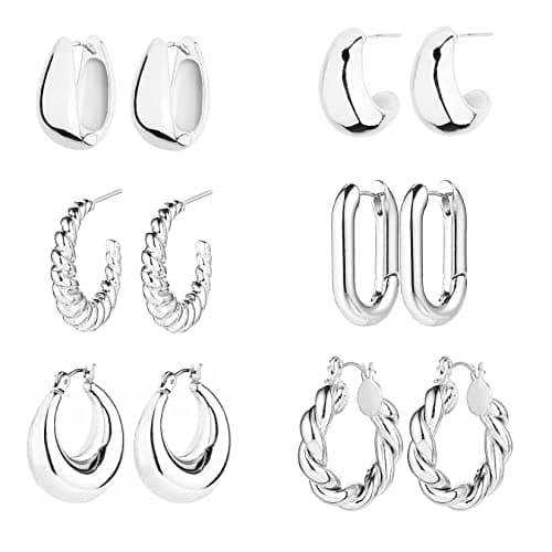 6 Pairs 14K Gold Plated Hoop Earrings for Women Lightweight Chunky Hoop Earrings Multipack Hypoallergenic, Thick Open Twisted Huggie Hoops Earring Set Jewelry for Gifts. (Silver) - Image 1