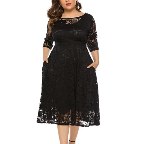 Eternatastic Womens Scooped Neckline Floral lace Top Plus Size Cocktail Party Midi Dress XL Black - Image 1