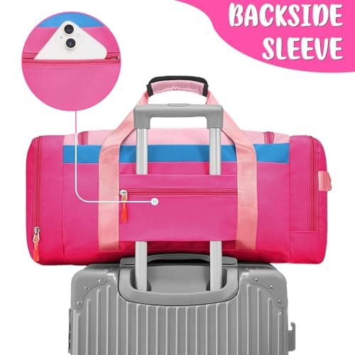 WOOMADA Kids Travel Bag with Shoe & Wet Pockets, Carry On Duffle Bag for Overnight Trips, Sports, School(hot pink) - Thumbnail 5