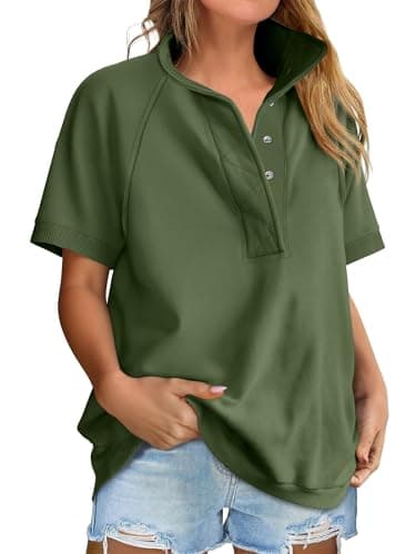 ANRABESS Womens Short Sleeve Tops Oversized Lightweight Sweatshirt Polo Shirts 2026 Summer Casual Button Pullover Top Outfits Army Green Medium - Image 1