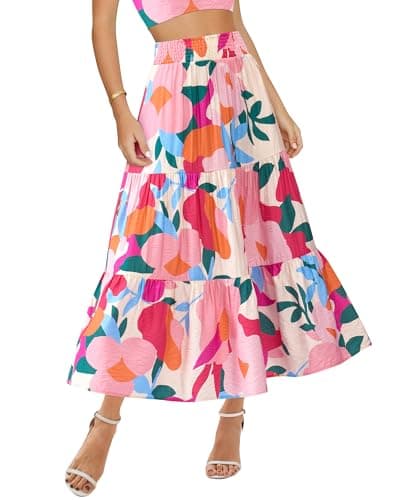 BTFBM Skirts for Women Floral Print Fall Fashion 2026 A Line Elastic High Waist Boho Holiday Maxi Skirt Pockets(Floral Apricot Rose Red, XX-Large) - Image 1