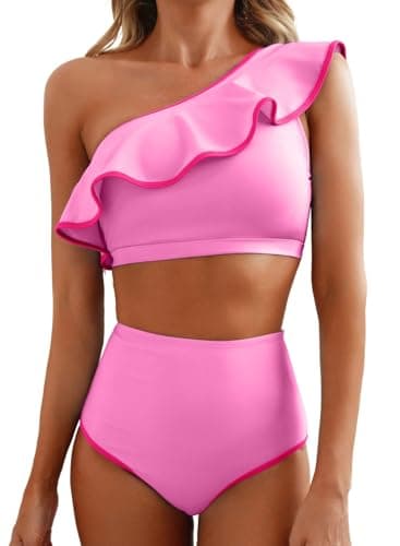 Herseas Women's High Waisted Bikini Sets One Shoulder Colorblock Trim Ruffle Swimsuits 2026 Summer Elegant Teen Girls Bathing Suits Pink Casual Beach Vacation Outfits X-Small - Image 1