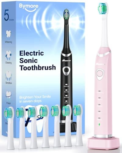 Bymore Electric Toothbrush for Adults,Travel Sonic Toothbrush with 8 Replacement Heads, Ultra Clean RechargeableToothbrush Portable One Charge for 330days 5 Modes 2mins Timer-Light Pink - Image 1