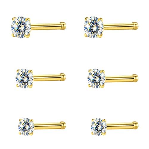 hooppoo Hypoallergenic G23 Titanium Nose Studs with Moissanite | Tiny Straight Bar Piercing Jewelry | 6-Piece Set in 2mm, 2.5mm, 3mm | Unisex Gift (Straight Bar/20G/Gold) - Image 1