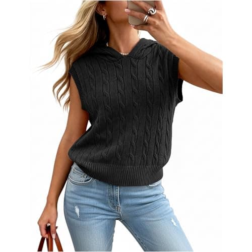 Truwelby Women’s Sweater Vest Sleeveless Cable Hoodies Casual Knit Sweater Solid Lightweight Pullover Summer Hooded Tank Tops (Black, XL) - Image 1