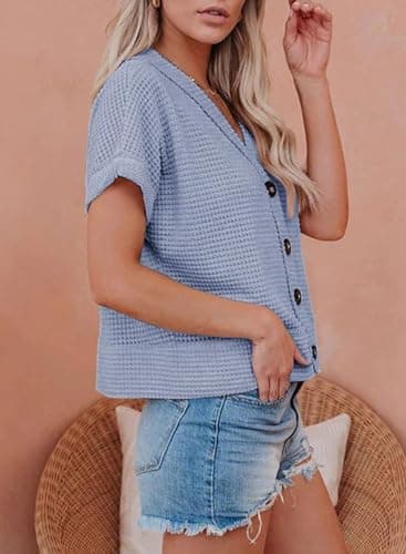 Dokotoo Women's Cardigan Short Sleeve Waffle Knit Shacket Solid Color Going Out Outfits Boyfriend Loose Fit Button Down Shirts V Neck Sky Blue Cropped Summer Tops X-Large - Thumbnail 3