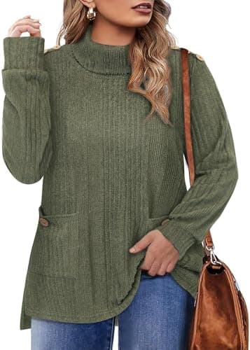Amrto Plus Size Light Weight Tunic Sweater for Women Army Green Mock Neck Long Sleeve Warm Cotton Knitted Fall Clothes 2025 Winter Fashion Funnel Work Holiday Office Essential formal Interview Casual - Image 1