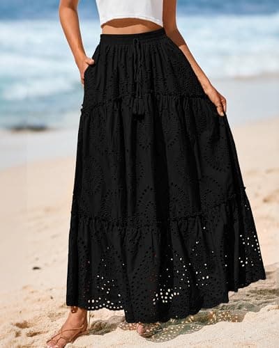 BTFBM Boho Long Skirts for Women Spring Summer 2026 Lace Embroidery High Waist Flowy Tiered Maxi Skirt Beach Vacation(Black, Small) - Thumbnail 2