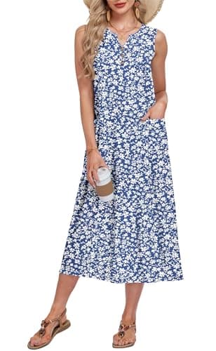 MOLERANI Beach Wear for Women Maxi Dress with Pockets V Neck Sleeveless Button Down Casual Summer, GY BU S Floral, L - Image 1