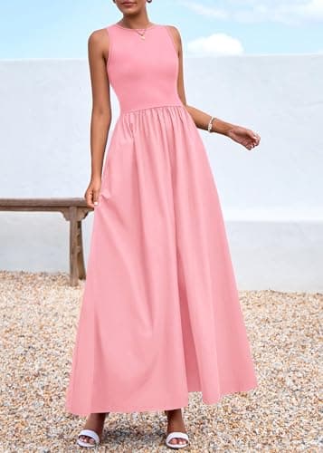 KIRUNDO Summe Sleeveless Maxi Dresses for Women 2026 Spring Wedding Guest A Line Tank Elegant Flowy Beach Long Sundress(Pink, Small) - Thumbnail 6
