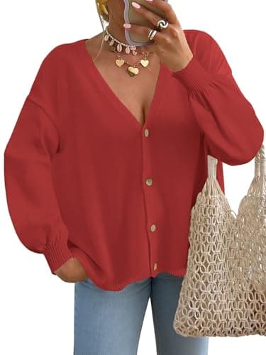FireSwan Cardigan Sweater for Women Long Lantern Sleeve Oversized Knit Outfits Lightweight Trendy Spring Tops 2026 Red XL - Image 1