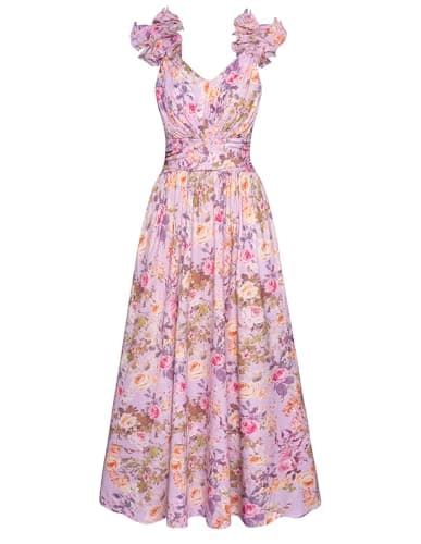 GRACE KARIN 2025 Women's Summer Floral Print Dress Sleeveless Casual Flowy Sundress A Line Ruffle Wedding Guest Outfit Purple Floral L - Image 1